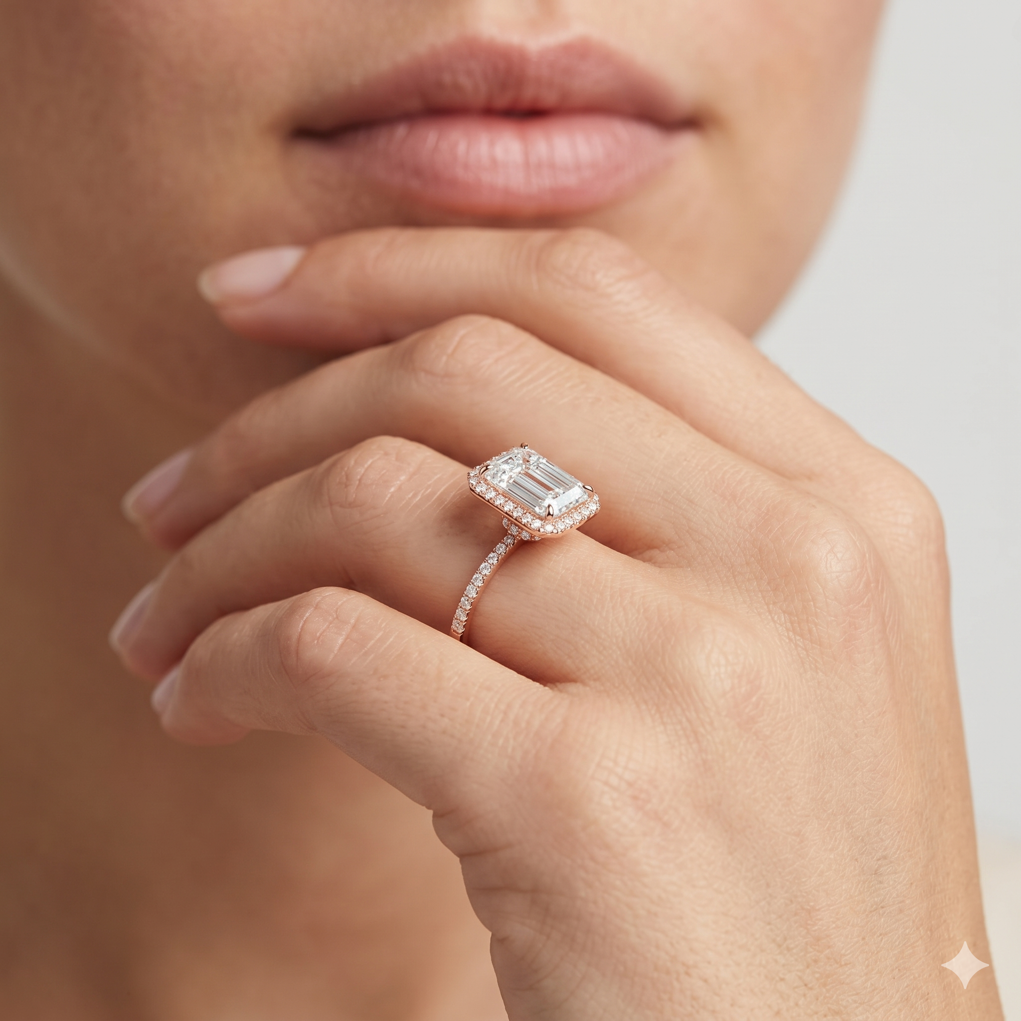 Lab Grown Diamond Engagement Ring Emerald Cut Hidden Halo Pavé Ring for Women - Image 12