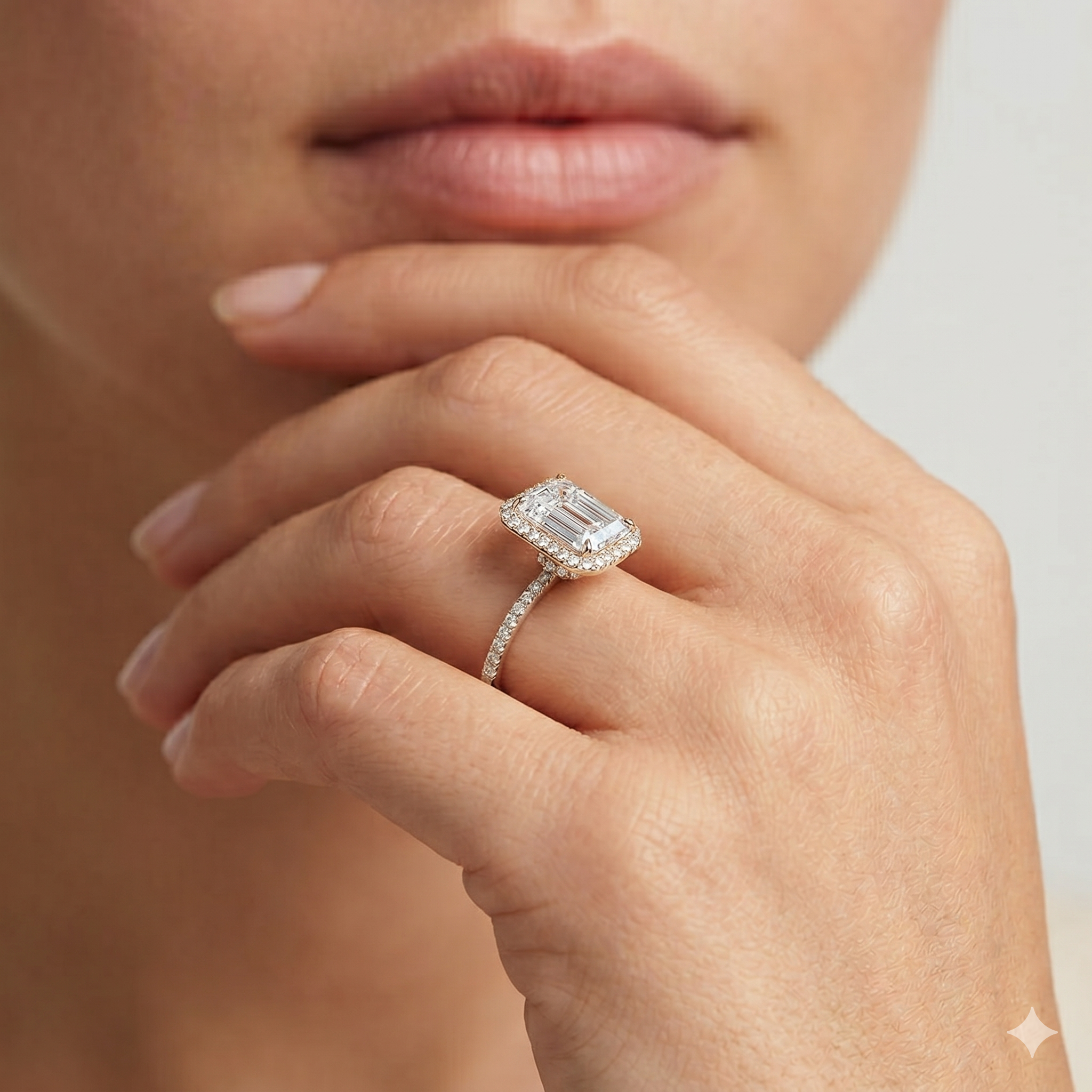 Lab Grown Diamond Engagement Ring Emerald Cut Hidden Halo Pavé Ring for Women - Image 4