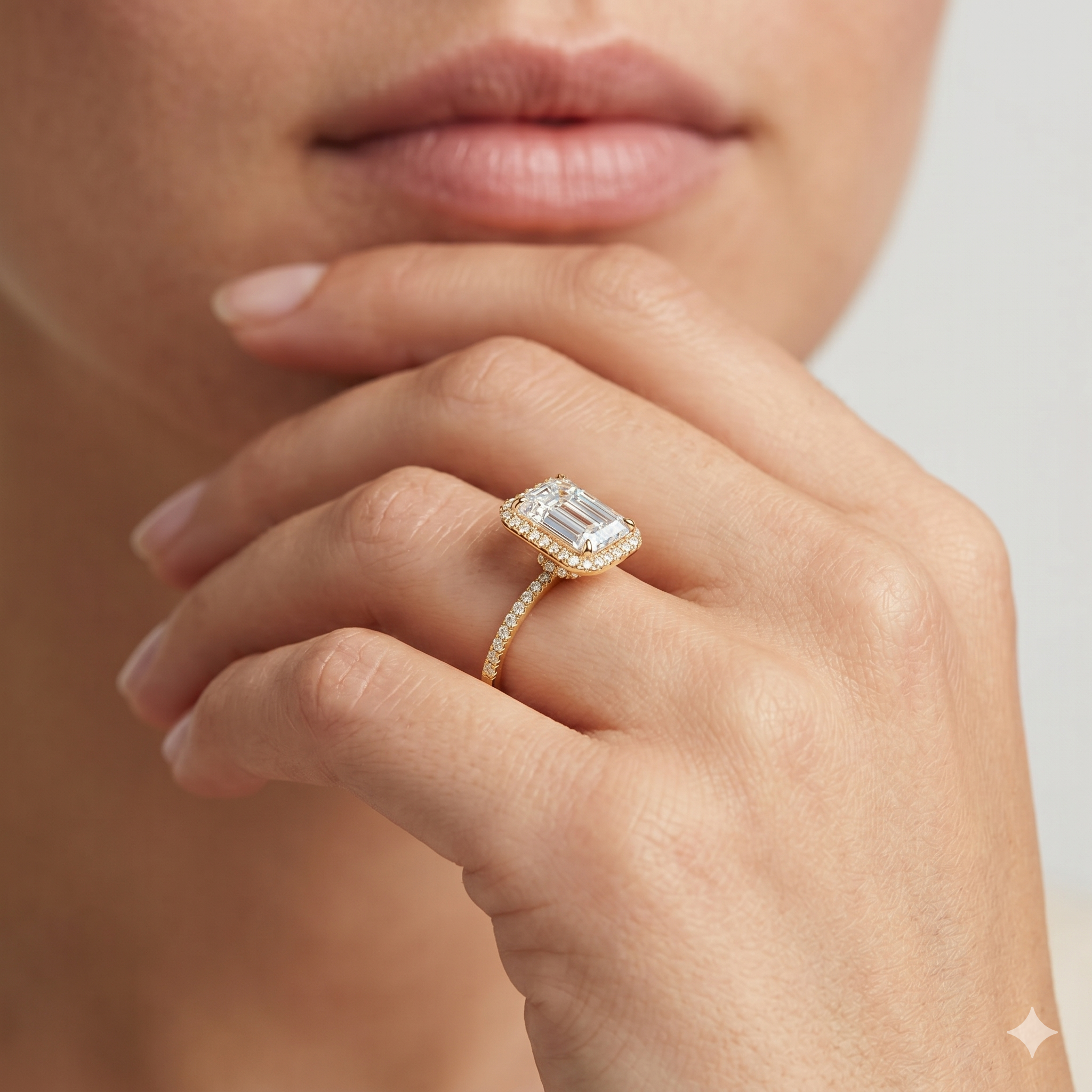 Lab Grown Diamond Engagement Ring Emerald Cut Hidden Halo Pavé Ring for Women - Image 8
