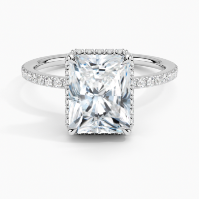 IGI Certified Moissanite Diamond Engagement Ring Radiant Cut Hidden Halo Cathedral Pavé Ring for Women