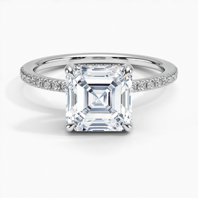 IGI Certified Moissanite Diamond Engagement Ring Asscher Cut Hidden Halo with Half Coverage Pavé Band Ring for Women