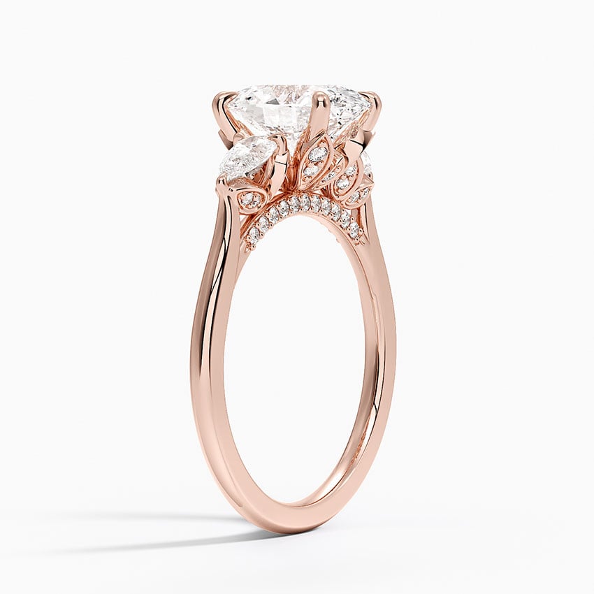 Lab Grown Diamond Engagement Ring Oval Cut Three-Stone Ring with Floral Diamond Gallery - Image 8