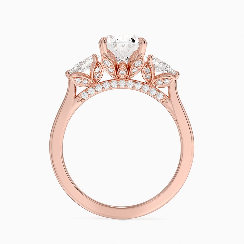 Lab Grown Diamond Engagement Ring Oval Cut Three-Stone Ring with Floral Diamond Gallery - Image 9