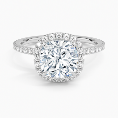 IGI Certified Lab Grown Diamond Engagement Ring Cushion Brilliant Halo With Hidden Halo And Pavé Band Ring