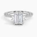 IGI Certified Lab Grown Diamond Engagement Ring Emerald Brilliant Three Stone Vintage Ring with Cadillac Side Diamonds