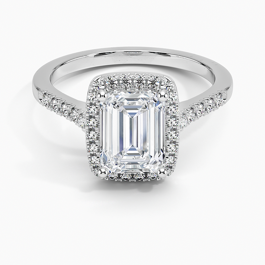 IGI Certified Lab Grown Diamond Engagement Ring Emerald Brilliant Halo Ring With Cathedral Pavé Band