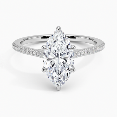 IGI Certified Lab Grown Diamond Engagement Ring Marquise Brilliant Hidden Halo Cathedral Pavé Ring