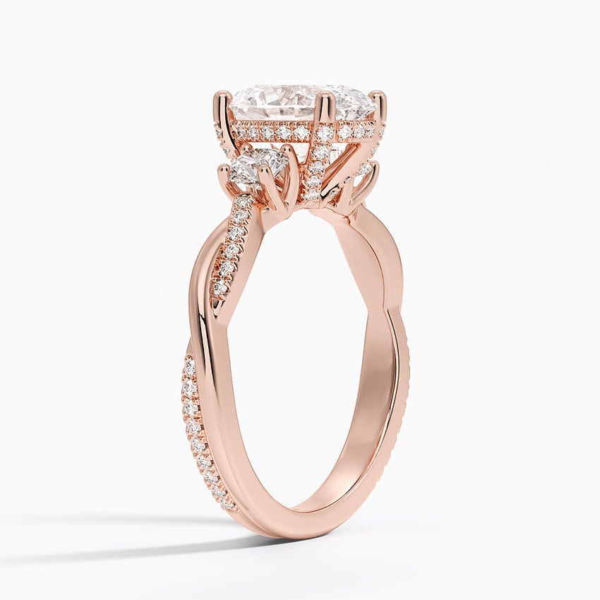 IGI Certified Lab Grown Diamond Engagement Ring Oval Brilliant Three Stone Hidden Halo Ring With Twisted Pavé Shank - Image 8