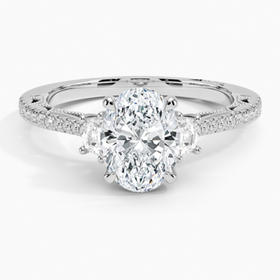 IGI Certified Lab Grown Diamond Engagement Ring Oval Brilliant Three Stone Vintage Ring with Cadillac Side Diamonds