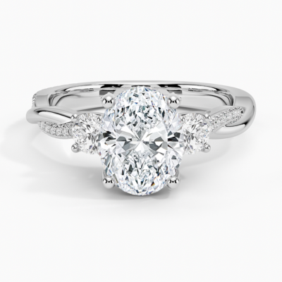 IGI Certified Lab Grown Diamond Engagement Ring Oval Brilliant Three Stone Hidden Halo Ring With Twisted Pavé Shank