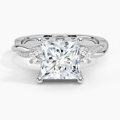 IGI Certified Lab Grown Diamond Engagement Ring Princess Brilliant Three Stone Hidden Halo Ring With Twisted Pavé Shank